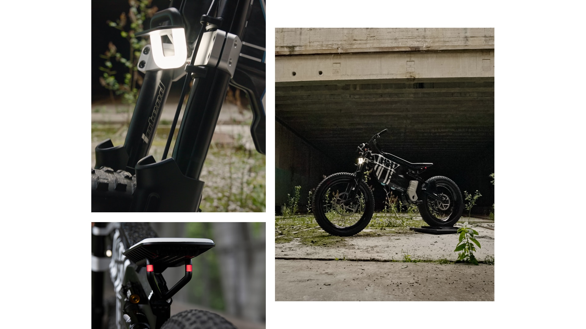 La BMW Motorrad Vision AMBY, con su aspecto extraordinario y sus potentes neumáticos con tacos, en un recinto industrial abandonado.