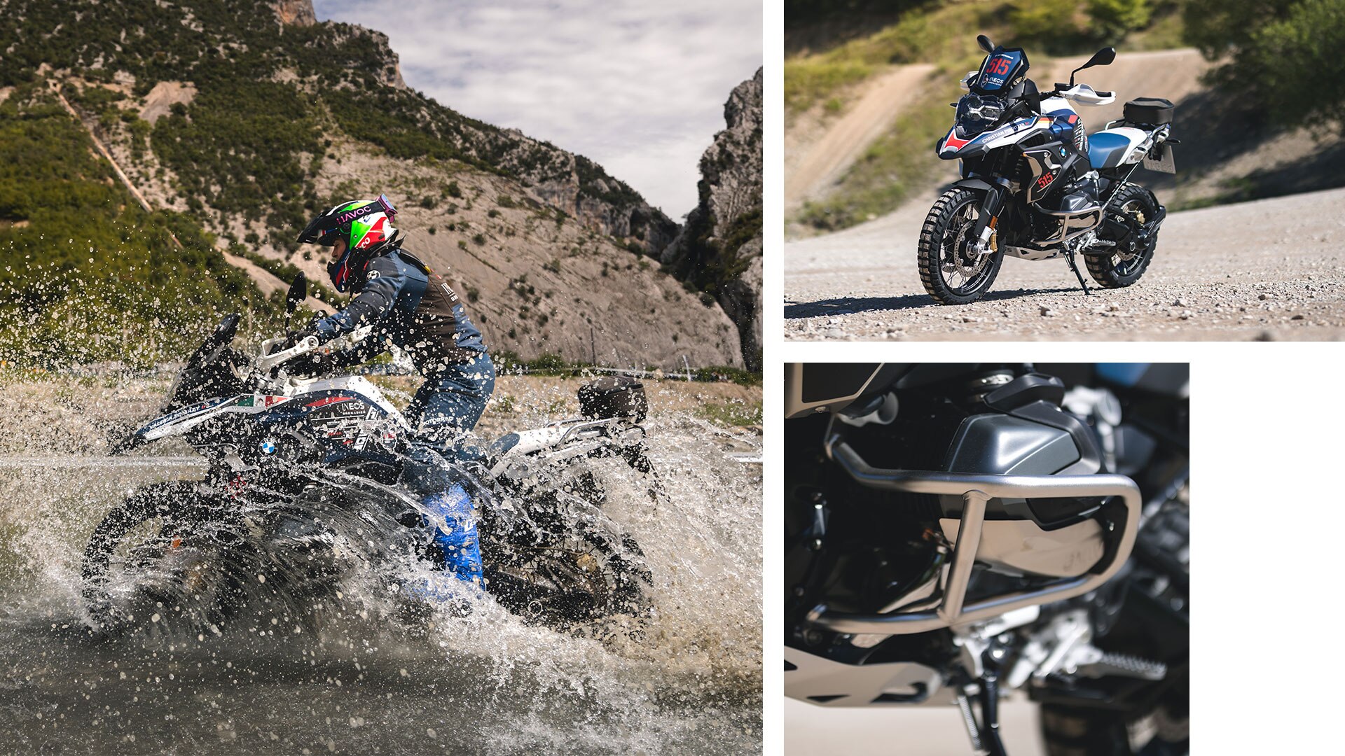 La moto del GS Trophy desde diferentes perspectivas y a toda velocidad por el agua.