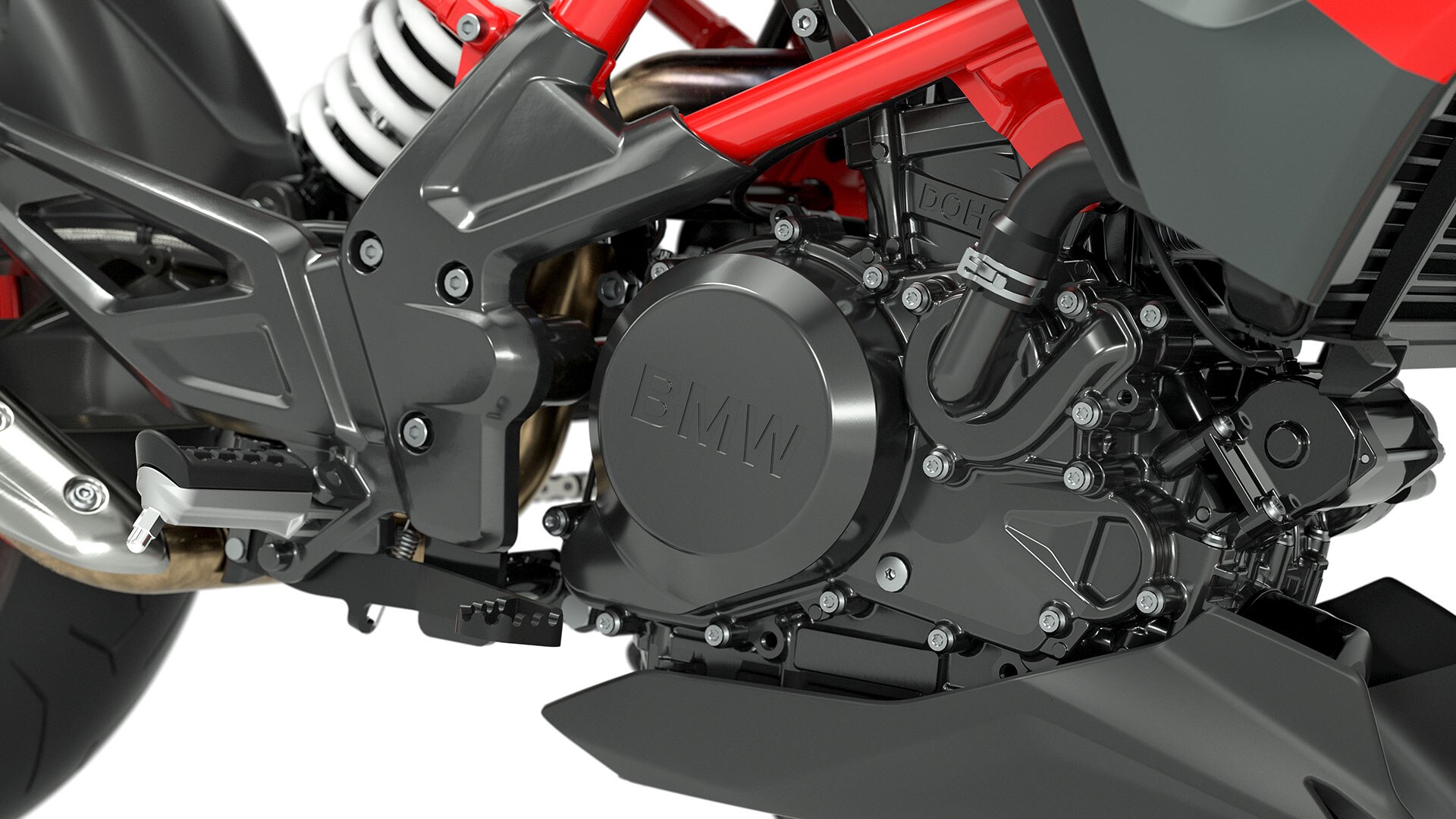 Aquí vemos el motor de la G 310 R en gris titanio.