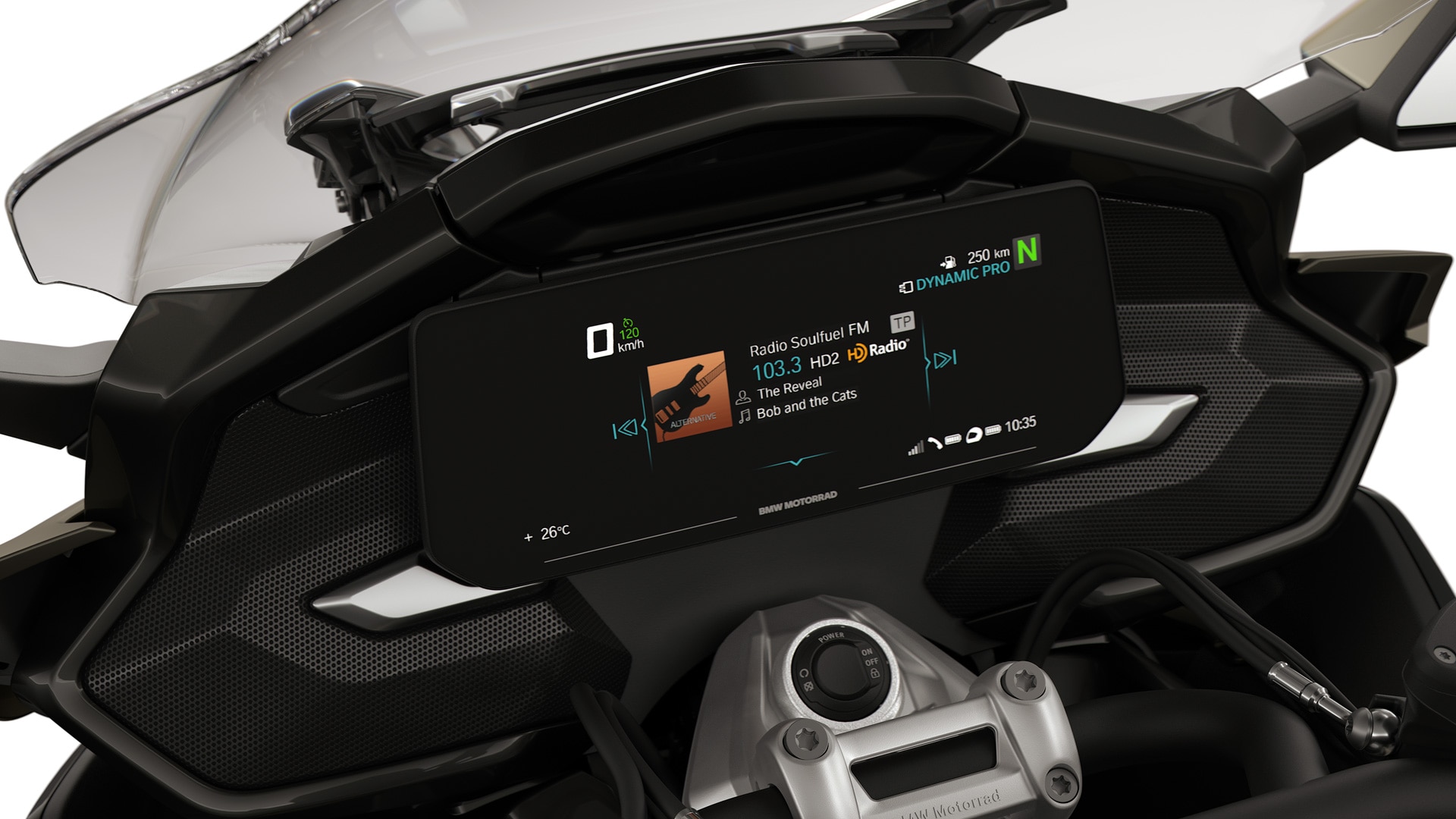 Enfoque en la pantalla TFT y el motor Boxer de la K 1600 Grand America.
