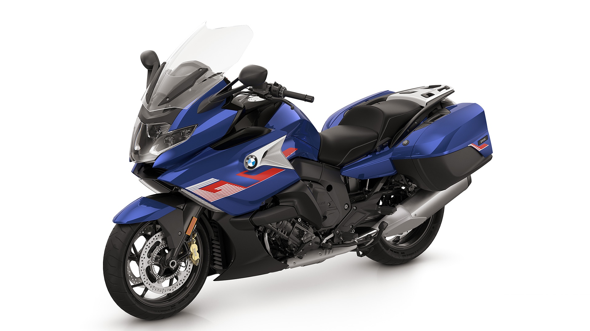 La K 1600 GT en blanco luminoso / azul Racing metalizado / rojo Racing.