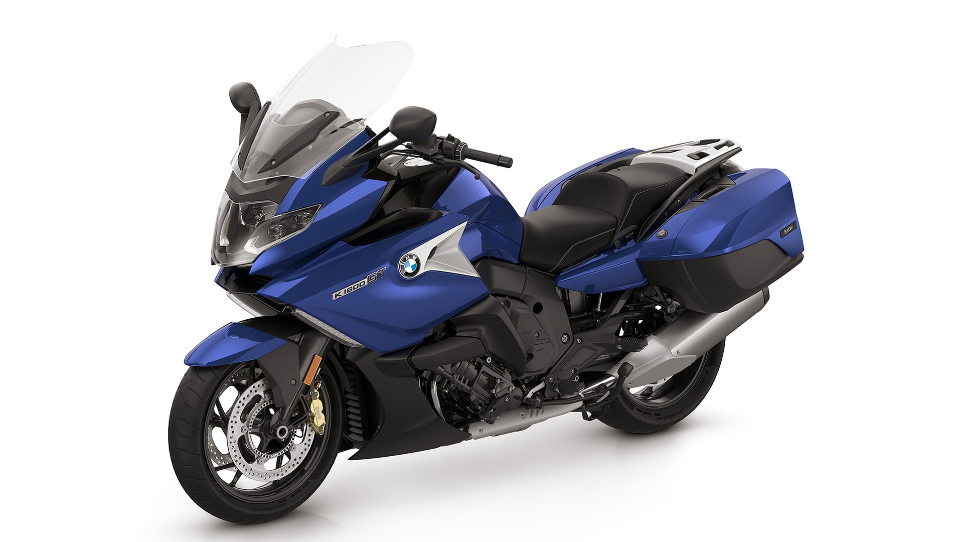 La K 1600 GT en blanco luminoso / azul Racing metalizado / rojo Racing.