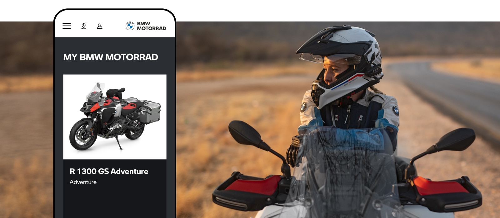 Una conductora sobre una moto BMW. A la izquierda, un mockup en móvil de CarData de BMW Motorrad